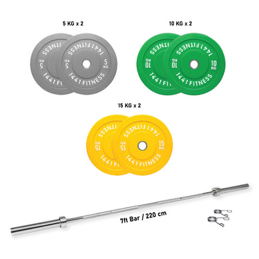 7 Ft Olympic Bar with Color Bumper Plates - 80 KG Set | 1441 Fitness